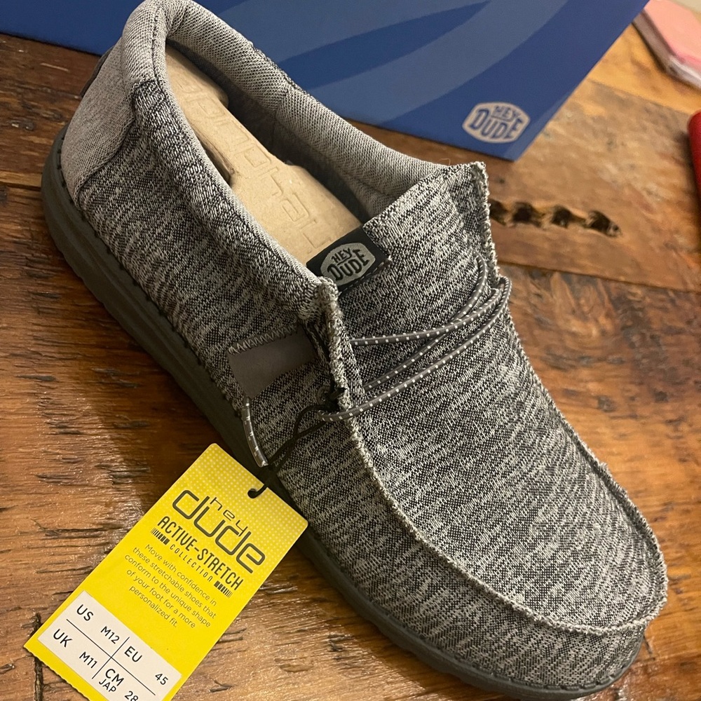 Men’s Charcoal colored Hey Dudes shoes